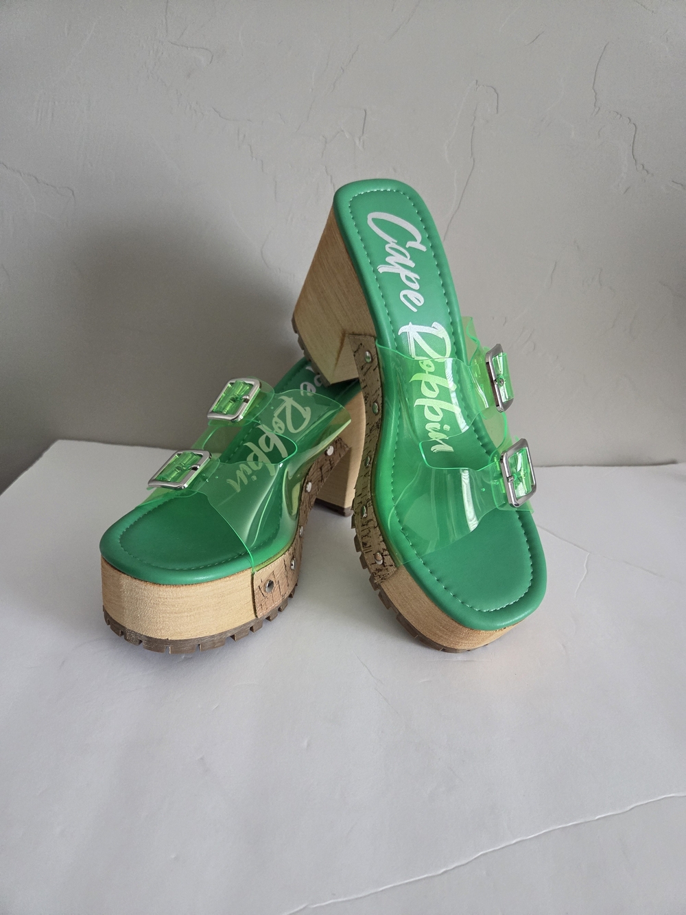 Cape Robbin Green Clear Double Buckle Platform Mule Sandals 7 - Picture 7 of 9